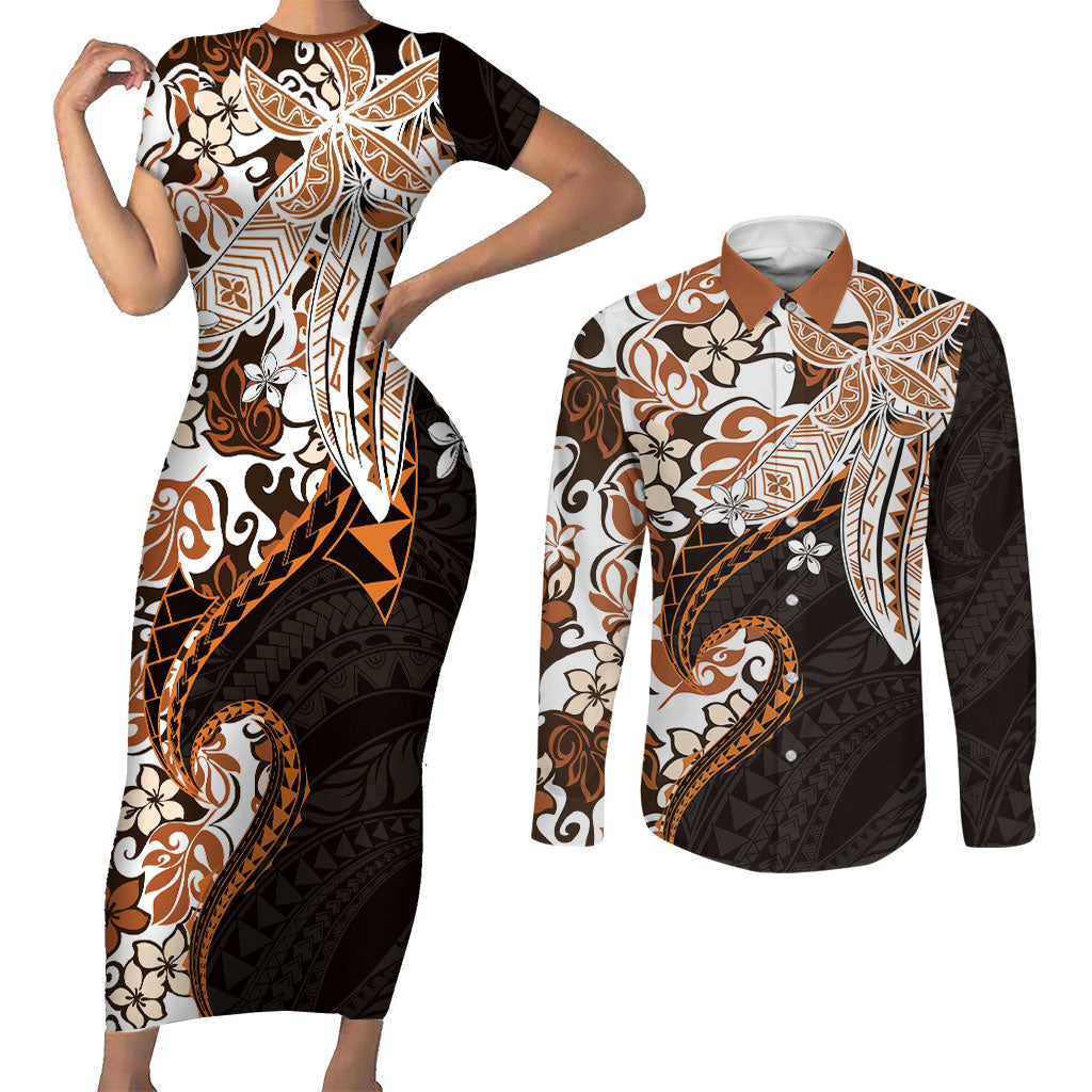 Monstera Plumeria Flowers Orange Couples Matching Short Sleeve Bodycon Dress and Long Sleeve Button Shirt Polynesian Pattern LT01 Orange - Polynesian Pride