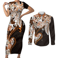 Monstera Plumeria Flowers Orange Couples Matching Short Sleeve Bodycon Dress and Long Sleeve Button Shirt Polynesian Pattern LT01 Orange - Polynesian Pride