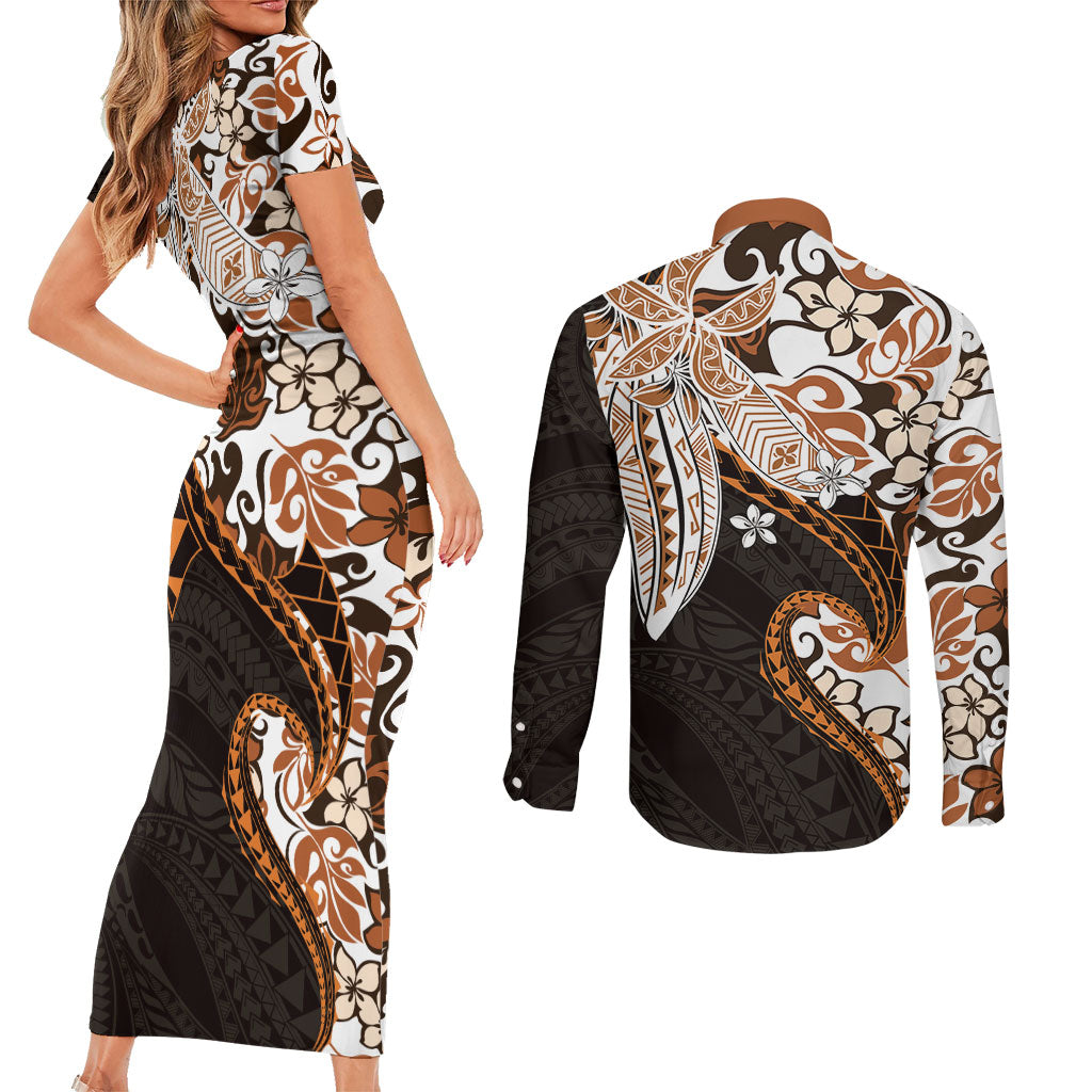 Monstera Plumeria Flowers Orange Couples Matching Short Sleeve Bodycon Dress and Long Sleeve Button Shirt Polynesian Pattern LT01 - Polynesian Pride