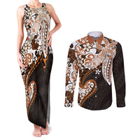 Monstera Plumeria Flowers Orange Couples Matching Tank Maxi Dress and Long Sleeve Button Shirt Polynesian Pattern