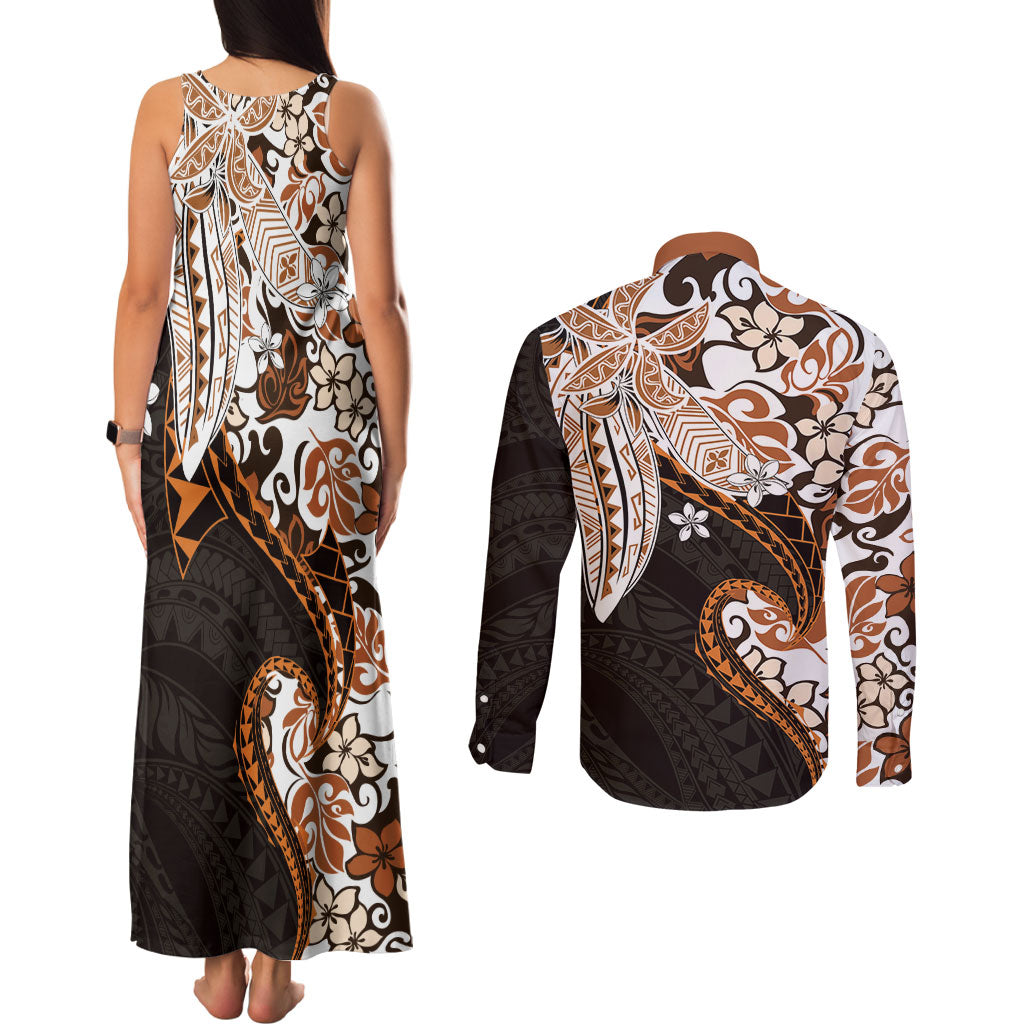 Monstera Plumeria Flowers Orange Couples Matching Tank Maxi Dress and Long Sleeve Button Shirt Polynesian Pattern