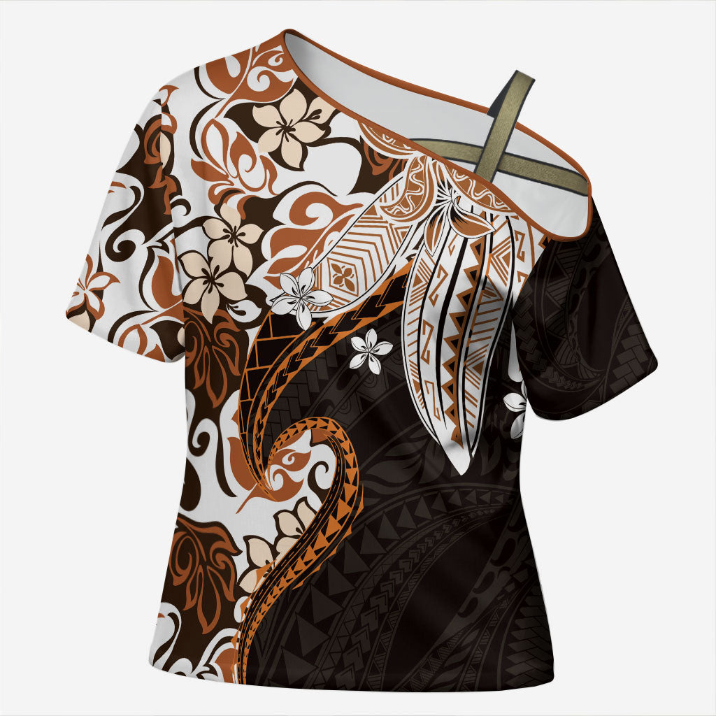 Monstera Plumeria Flowers Orange Cross Shoulder Shirt Polynesian Pattern