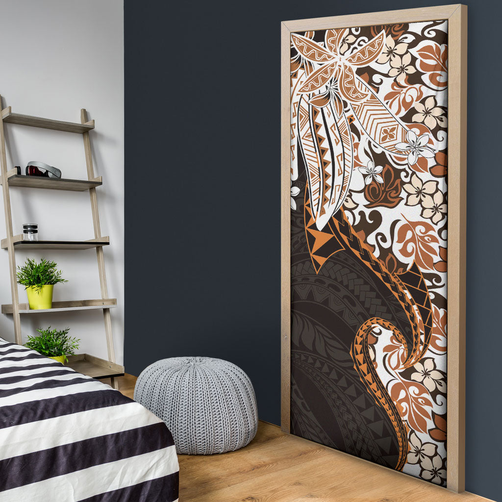 Monstera Plumeria Flowers Orange Door Cover Polynesian Pattern