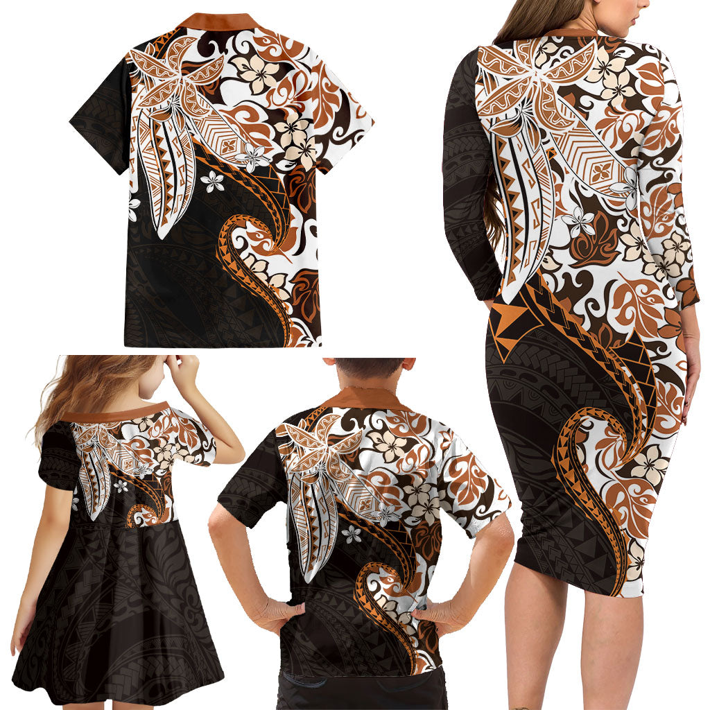 Monstera Plumeria Flowers Orange Family Matching Long Sleeve Bodycon Dress and Hawaiian Shirt Polynesian Pattern