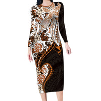 Monstera Plumeria Flowers Orange Family Matching Long Sleeve Bodycon Dress and Hawaiian Shirt Polynesian Pattern