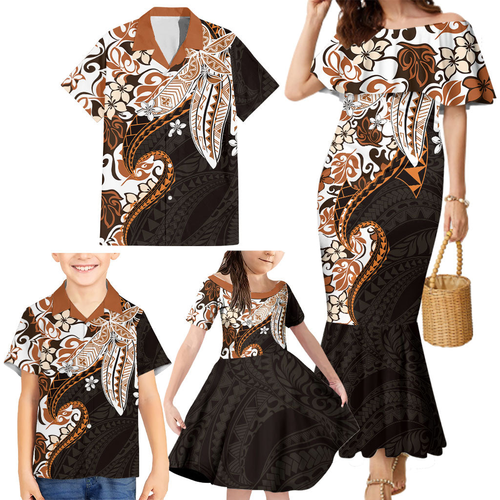 Monstera Plumeria Flowers Orange Family Matching Mermaid Dress and Hawaiian Shirt Polynesian Pattern LT01 - Polynesian Pride