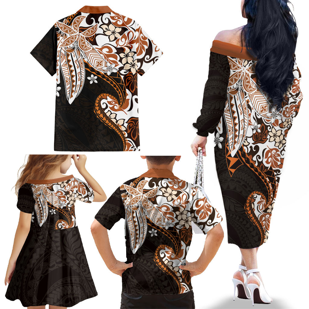 Monstera Plumeria Flowers Orange Family Matching Off The Shoulder Long Sleeve Dress and Hawaiian Shirt Polynesian Pattern