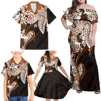 Monstera Plumeria Flowers Orange Family Matching Off Shoulder Maxi Dress and Hawaiian Shirt Polynesian Pattern