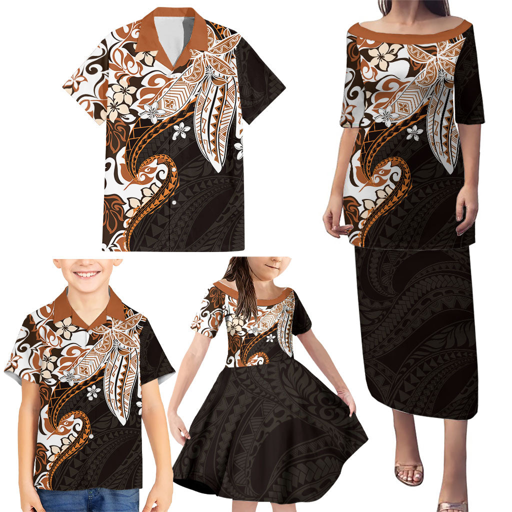 Monstera Plumeria Flowers Orange Family Matching Puletasi and Hawaiian Shirt Polynesian Pattern