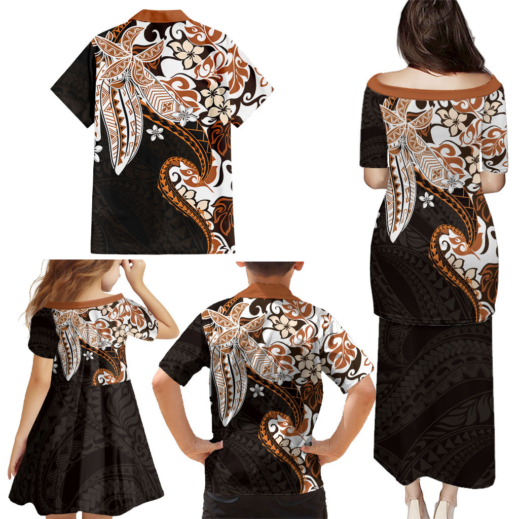 Monstera Plumeria Flowers Orange Family Matching Puletasi and Hawaiian Shirt Polynesian Pattern
