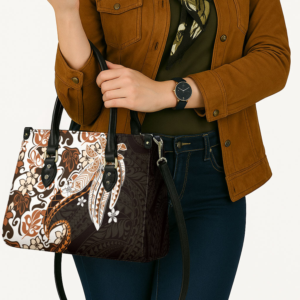Monstera Plumeria Flowers Orange Leather Bag Polynesian Pattern