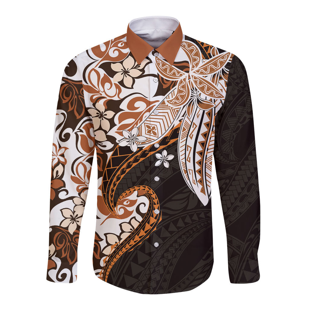 Monstera Plumeria Flowers Orange Long Sleeve Button Shirt Polynesian Pattern