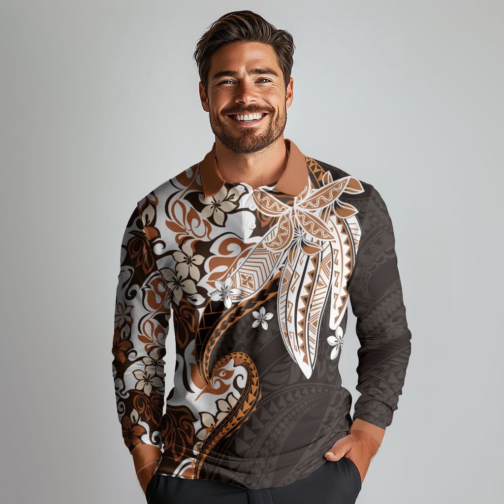 Monstera Plumeria Flowers Orange Long Sleeve Polo Shirt Polynesian Pattern