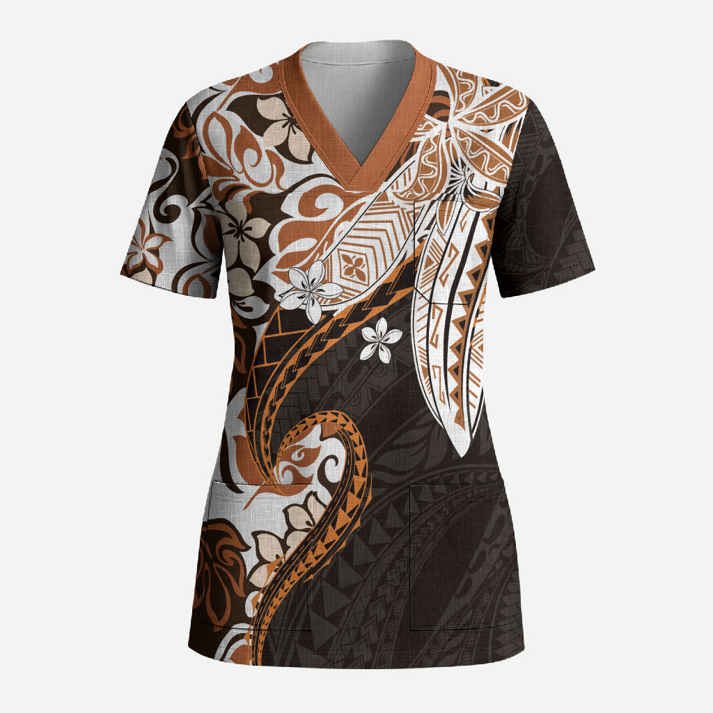 Monstera Plumeria Flowers Orange Scrub Top Polynesian Pattern