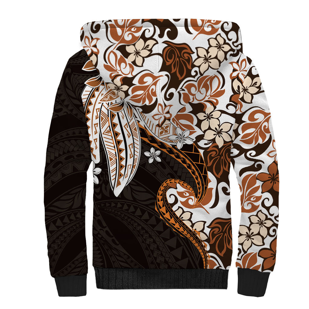 Monstera Plumeria Flowers Orange Sherpa Hoodie Polynesian Pattern