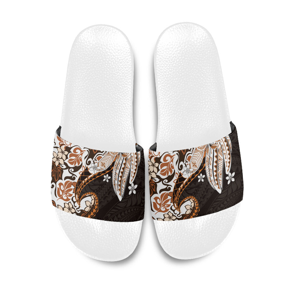 Monstera Plumeria Flowers Orange Slide Sandals Polynesian Pattern