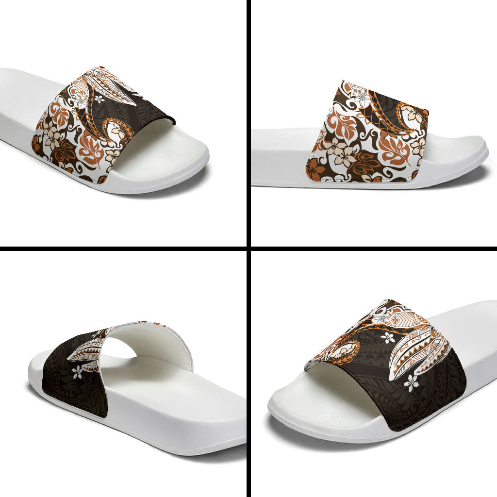 Monstera Plumeria Flowers Orange Slide Sandals Polynesian Pattern