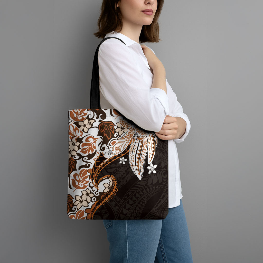Monstera Plumeria Flowers Orange Tote Bag Polynesian Pattern