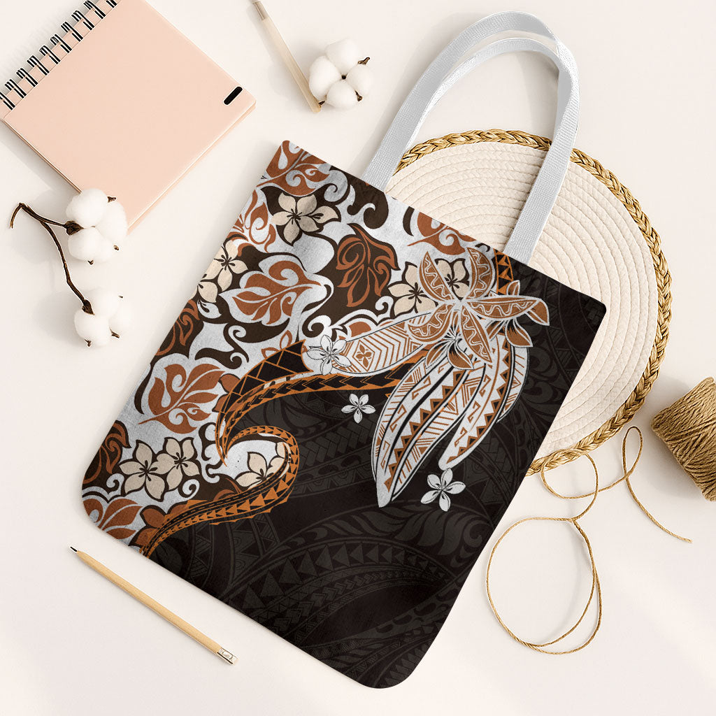 Monstera Plumeria Flowers Orange Tote Bag Polynesian Pattern