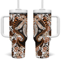 Monstera Plumeria Flowers Orange Tumbler With Handle Polynesian Pattern