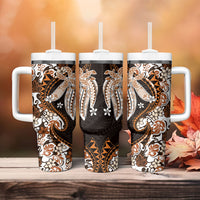 Monstera Plumeria Flowers Orange Tumbler With Handle Polynesian Pattern