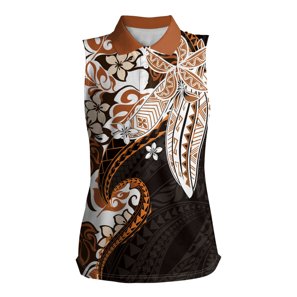 Monstera Plumeria Flowers Orange Women Sleeveless Polo Shirt Polynesian Pattern