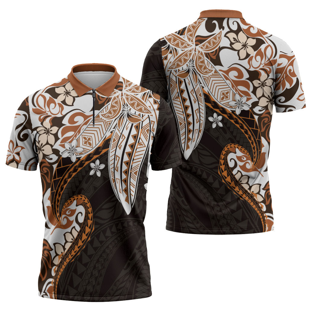 Monstera Plumeria Flowers Orange Zipper Polo Shirt Polynesian Pattern LT01 - Polynesian Pride