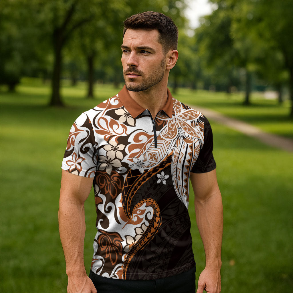 Monstera Plumeria Flowers Orange Zipper Polo Shirt Polynesian Pattern LT01 - Polynesian Pride