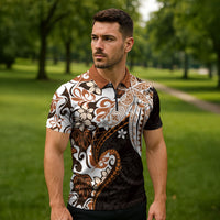 Monstera Plumeria Flowers Orange Zipper Polo Shirt Polynesian Pattern LT01 - Polynesian Pride