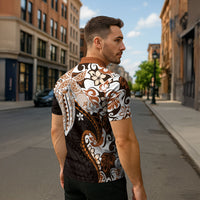 Monstera Plumeria Flowers Orange Zipper Polo Shirt Polynesian Pattern LT01 - Polynesian Pride