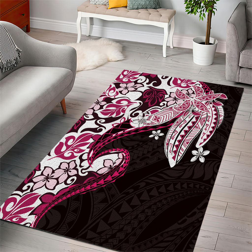 Monstera Plumeria Flowers Pink Area Rug Polynesian Pattern
