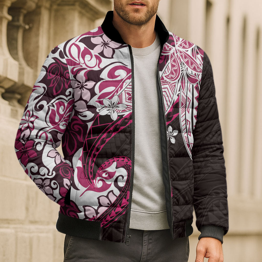 Monstera Plumeria Flowers Pink Bomber Puffer Jacket Polynesian Pattern LT01 - Polynesian Pride