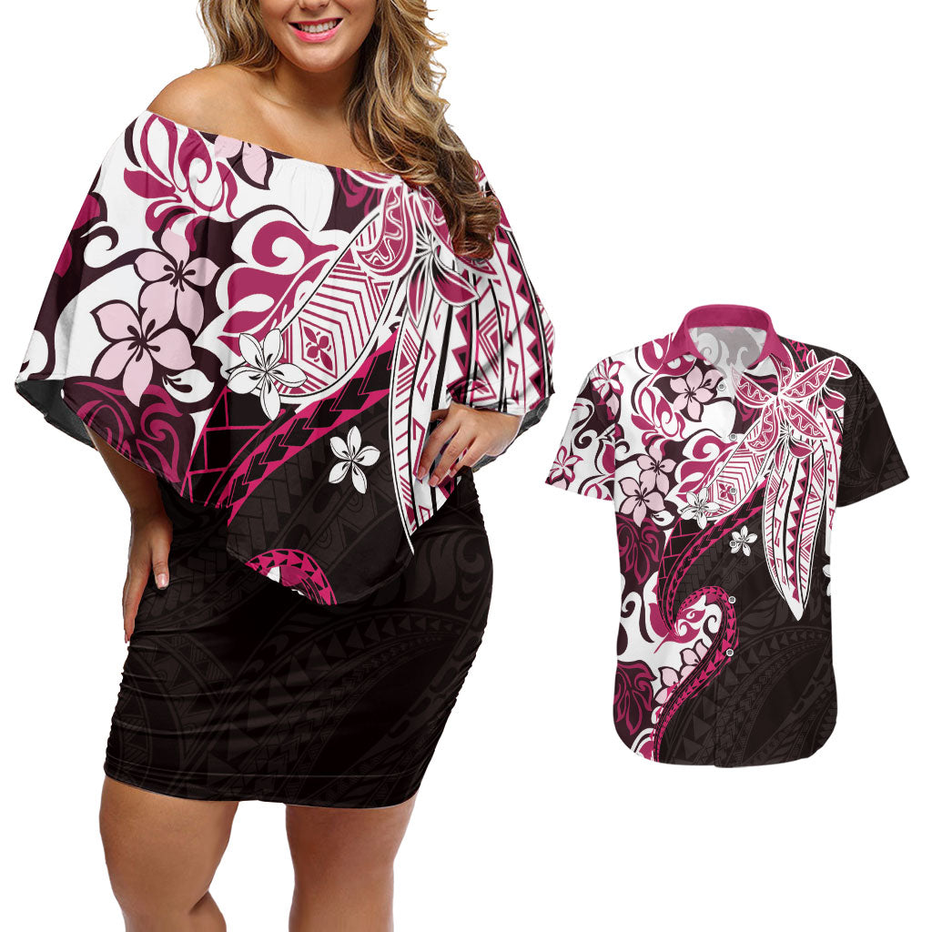 Monstera Plumeria Flowers Pink Couples Matching Off Shoulder Short Dress and Hawaiian Shirt Polynesian Pattern