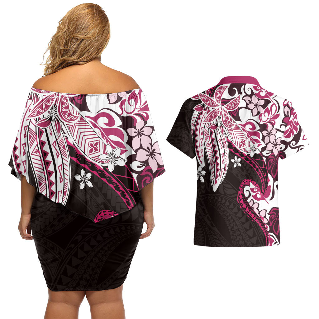 Monstera Plumeria Flowers Pink Couples Matching Off Shoulder Short Dress and Hawaiian Shirt Polynesian Pattern
