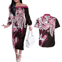Monstera Plumeria Flowers Pink Couples Matching Off The Shoulder Long Sleeve Dress and Hawaiian Shirt Polynesian Pattern LT01 Pink - Polynesian Pride