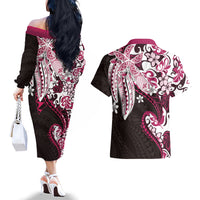 Monstera Plumeria Flowers Pink Couples Matching Off The Shoulder Long Sleeve Dress and Hawaiian Shirt Polynesian Pattern LT01 - Polynesian Pride