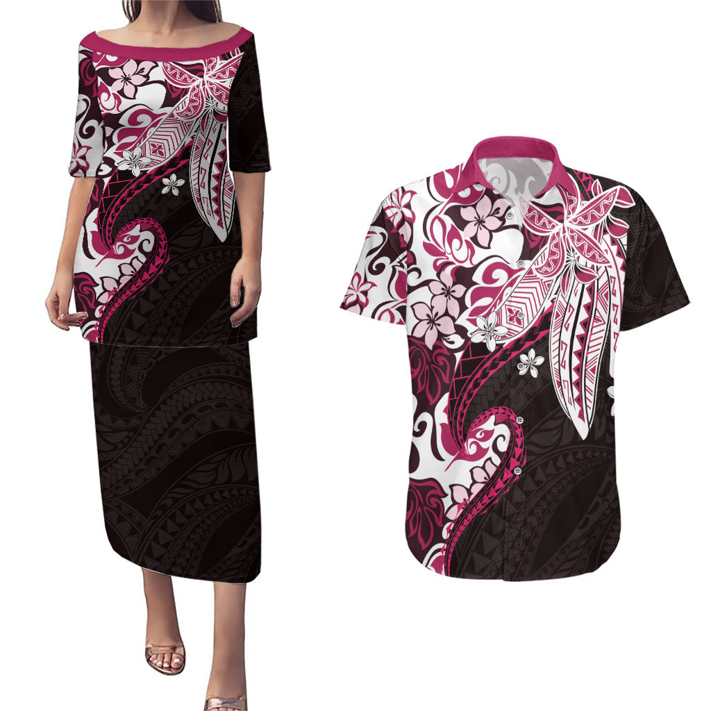 Monstera Plumeria Flowers Pink Couples Matching Puletasi and Hawaiian Shirt Polynesian Pattern