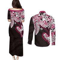 Monstera Plumeria Flowers Pink Couples Matching Puletasi and Long Sleeve Button Shirt Polynesian Pattern