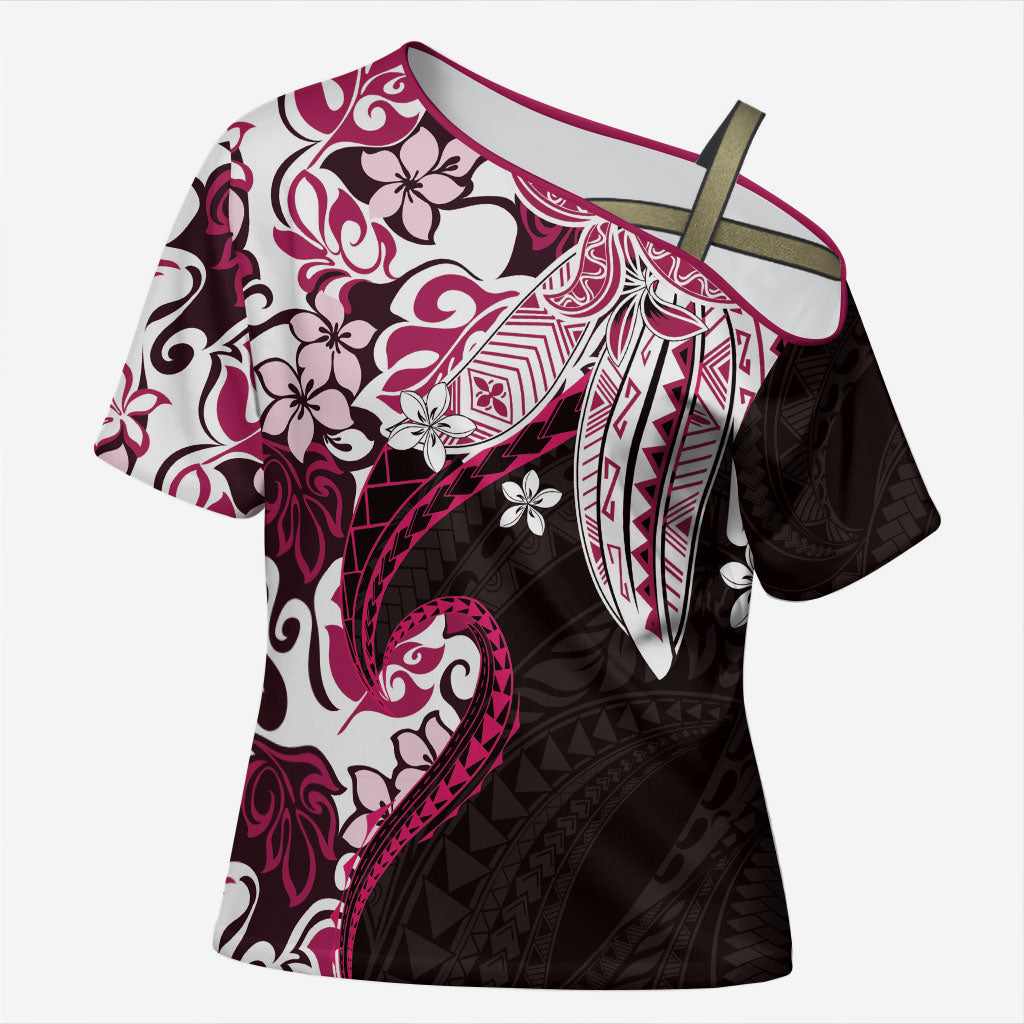 Monstera Plumeria Flowers Pink Cross Shoulder Shirt Polynesian Pattern