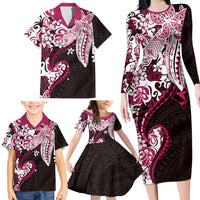 Monstera Plumeria Flowers Pink Family Matching Long Sleeve Bodycon Dress and Hawaiian Shirt Polynesian Pattern