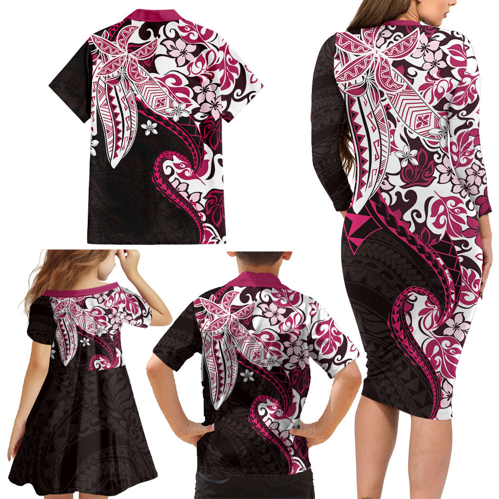 Monstera Plumeria Flowers Pink Family Matching Long Sleeve Bodycon Dress and Hawaiian Shirt Polynesian Pattern