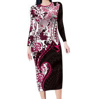Monstera Plumeria Flowers Pink Family Matching Long Sleeve Bodycon Dress and Hawaiian Shirt Polynesian Pattern