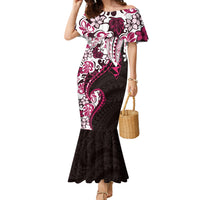Monstera Plumeria Flowers Pink Family Matching Mermaid Dress and Hawaiian Shirt Polynesian Pattern