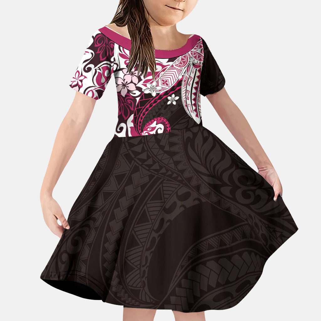 Monstera Plumeria Flowers Pink Family Matching Off Shoulder Maxi Dress and Hawaiian Shirt Polynesian Pattern LT01 Daughter's Dress Pink - Polynesian Pride