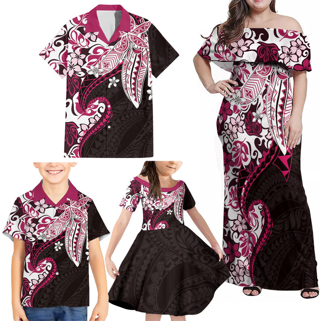 Monstera Plumeria Flowers Pink Family Matching Off Shoulder Maxi Dress and Hawaiian Shirt Polynesian Pattern LT01 - Polynesian Pride
