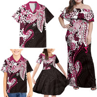 Monstera Plumeria Flowers Pink Family Matching Off Shoulder Maxi Dress and Hawaiian Shirt Polynesian Pattern LT01 - Polynesian Pride
