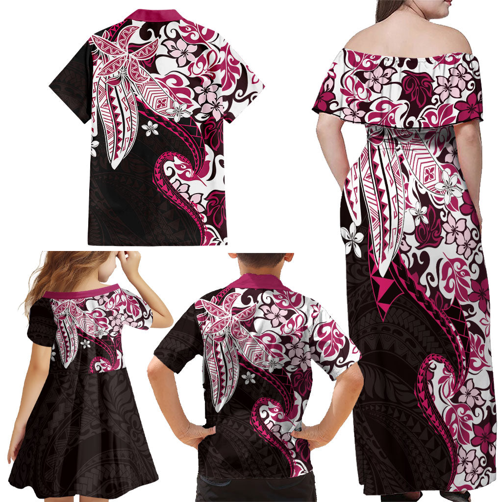 Monstera Plumeria Flowers Pink Family Matching Off Shoulder Maxi Dress and Hawaiian Shirt Polynesian Pattern LT01 - Polynesian Pride