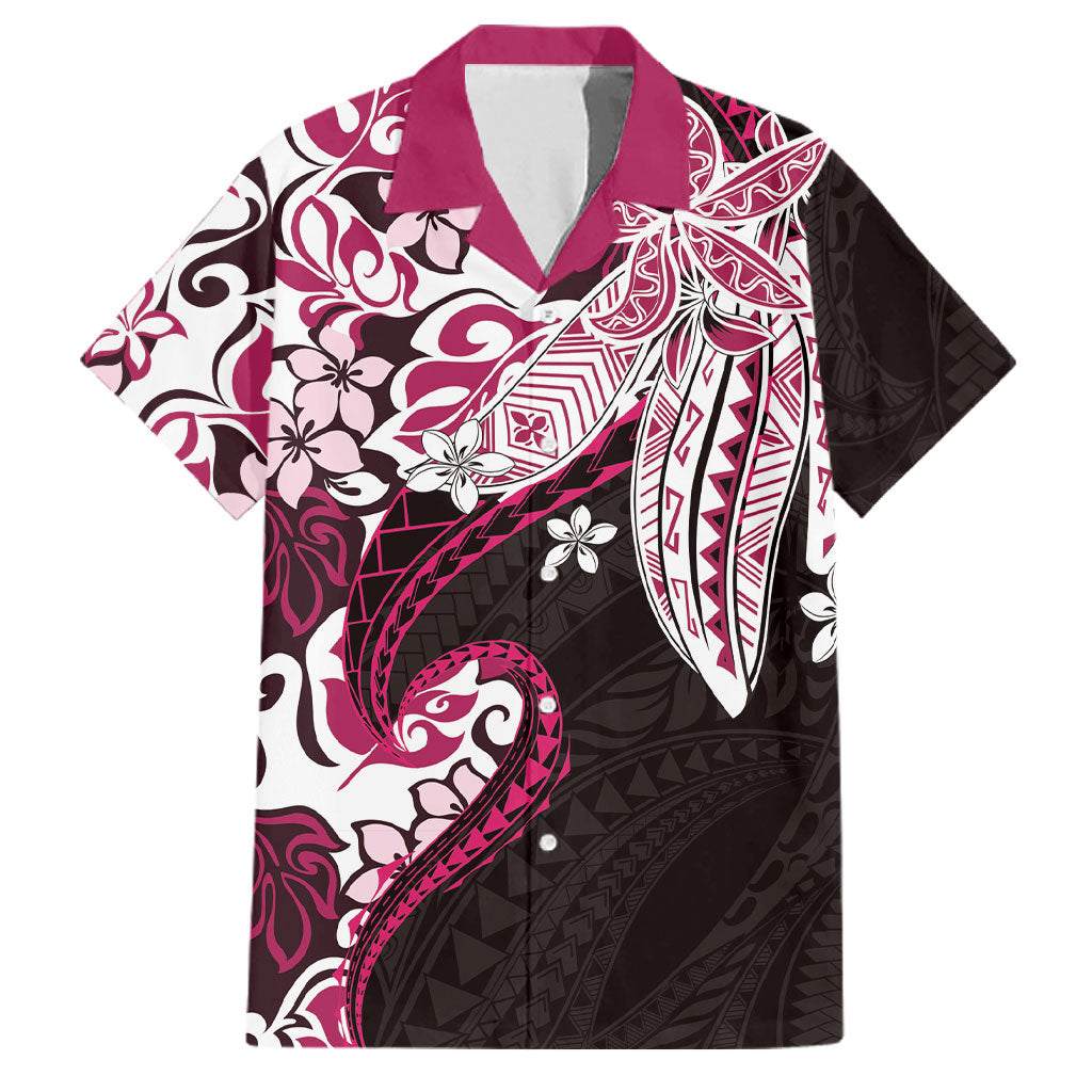 Monstera Plumeria Flowers Pink Family Matching Off Shoulder Maxi Dress and Hawaiian Shirt Polynesian Pattern LT01 Dad's Shirt - Short Sleeve Pink - Polynesian Pride
