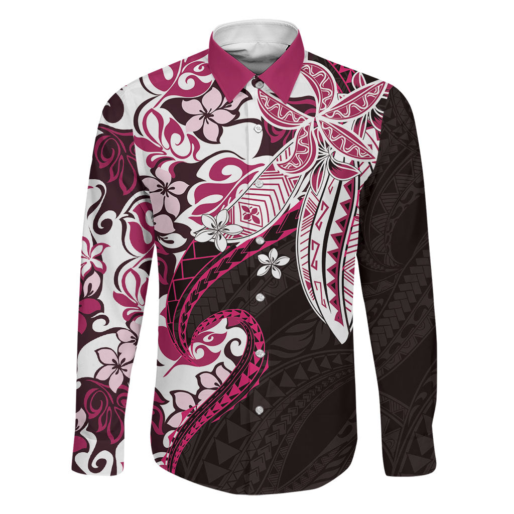 Monstera Plumeria Flowers Pink Family Matching Off Shoulder Maxi Dress and Hawaiian Shirt Polynesian Pattern LT01 Dad's Shirt - Long Sleeve Pink - Polynesian Pride