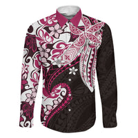 Monstera Plumeria Flowers Pink Family Matching Off Shoulder Maxi Dress and Hawaiian Shirt Polynesian Pattern LT01 Dad's Shirt - Long Sleeve Pink - Polynesian Pride
